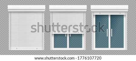 Plastic window with rolling shutter isolated on transparent background. Vector realistic set of closed and open roller up for glass window, white blind for office or shopfront Royalty-Free Stock Photo #1776107720