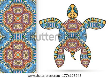 Decorative doodle turtle with ornament and colorful seamless hand drawn pattern. Tribal totem animal, isolated element for scrapbook, invitation card, book cover design, textile fabric print
