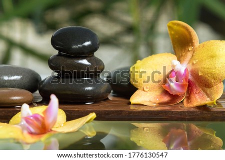 Black zen stones and yellow orchids on a wooden plank on the surface of the water. SPA, relaxation, meditation concept