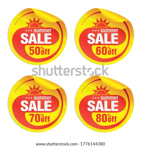 Yellow modern summer sale stickers set 50%, 60%, 70%, 80% off with sun. Vector illustration