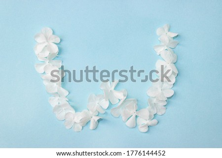 Flower Alphabet - W. Letter made from live flowers on light blue background