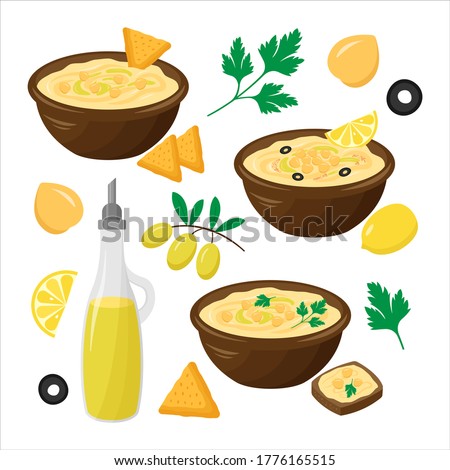 Vector set of hummus plate with chickpea, olive oil, parsley, chips, lemon. National food of Israel. International Hummus Day. Illustration isolated on white background. Royalty-Free Stock Photo #1776165515