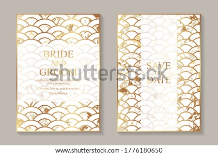 Modern luxury wedding invitation design or card templates for business or presentation or greeting with golden marble texture and white chinese scales.