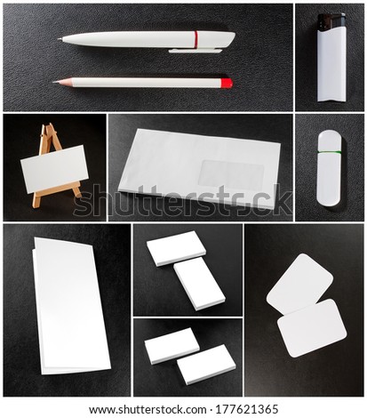 white collection of stationery on background leather texture