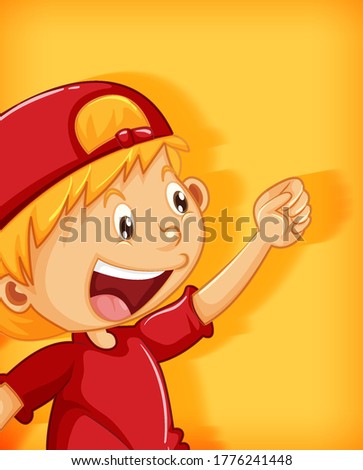 Cute boy wearing red cap with stranglehold position cartoon character isolated on yellow background illustration
