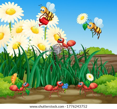 Scene with plants and insects in the garden illustration