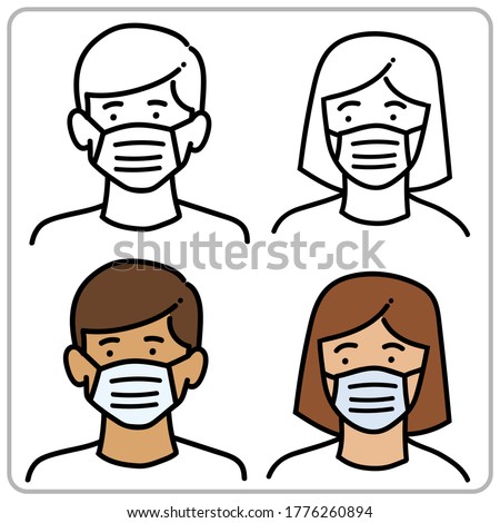 Medical Face Mask wearing man and woman icons .Simple thin line signs and Flat icon design  with people wearing protection masks.