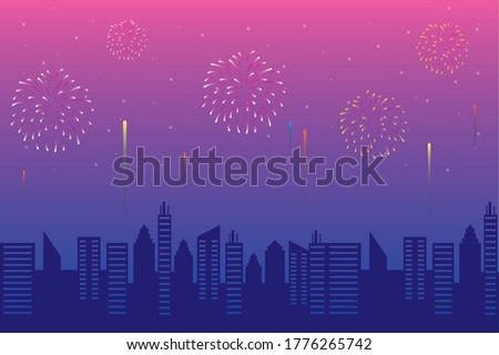 Fireworks burst explosions with citycape in pink sky background vector illustration design