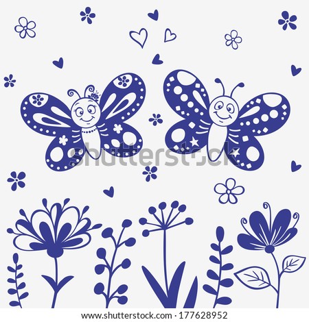 Silhouette cute and beautiful cartoon two butterflies