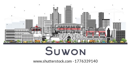 Suwon South Korea City Skyline with Color Buildings Isolated on White. Vector Illustration. Business Travel and Tourism Concept with Historic and Modern Architecture. Suwon Cityscape with Landmarks. Royalty-Free Stock Photo #1776339140