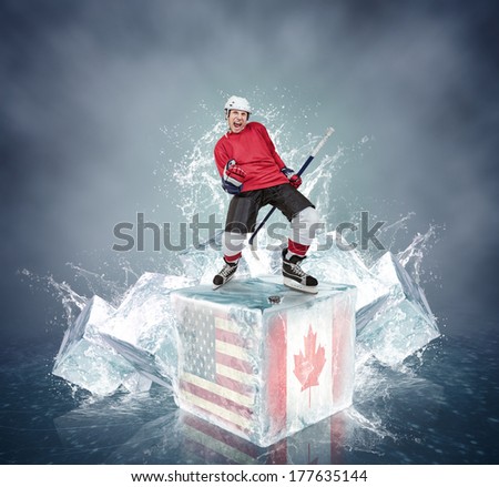 Screaming hockey player on ice cubes USA vs Canada