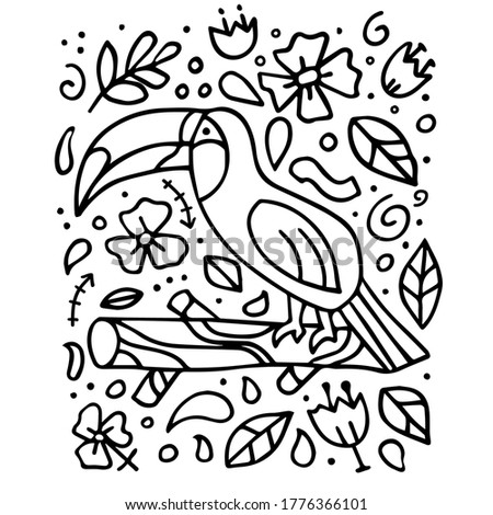 Toucan coloring book. Cute doodle little bird character for kids, t-shirt print or poster, hand drawn outline vector illustration, Elegant wild animal on botanical background