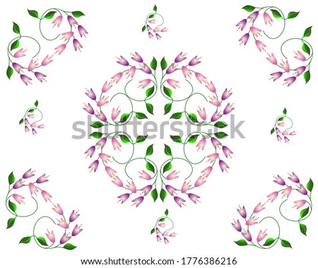Variants of vector patterns of pink and purple bells and green leaves