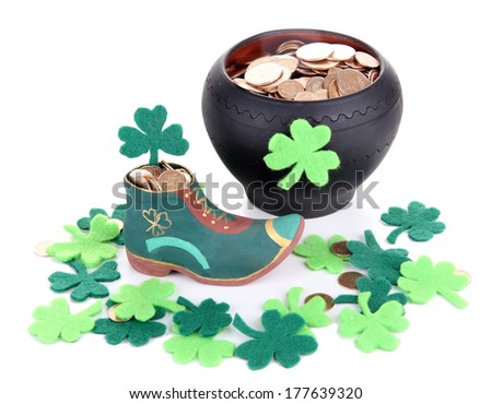 Saint Patrick day boot, pot of gold coins and clover leaves, isolated on white