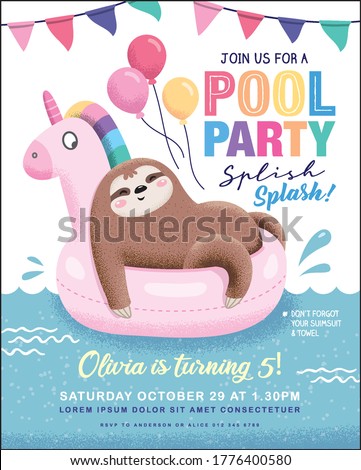 Kids birthday/ Pool party invitation cards with a cute sloth relaxing on a unicorn floats