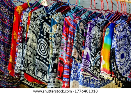 fabrics for sale, digital photo picture as a background , taken in vang vieng, laos, asia