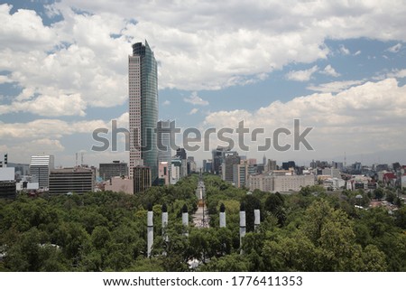 View of Mexico city skyline  along Paseo de la Reforma avenue as seen from Chapultepec Castle in Mexico city, Mexico.