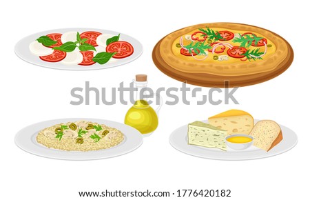 Italian Dishes with Cheese and Pizza Served on Plates Side View Vector Set