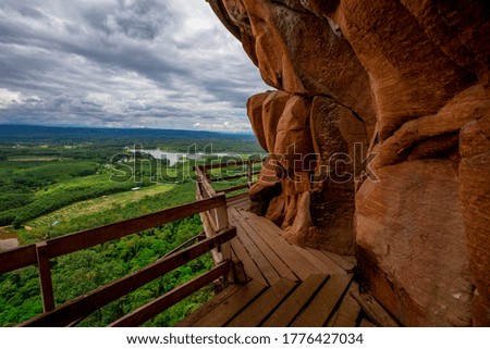 Background of wooden walkways (wooden bridges) created for high-angle views on mountains, natural attractions, or parks that have forest preservation