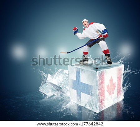 Final game Finland vs Canada. Hockey player on ice cube