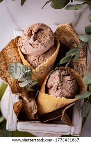 
chocolate ice cream in a cone with eucalyptus in a wooden box