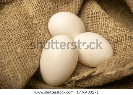 White chicken eggs on a background of homespun fabric with a rough texture. Close up.
