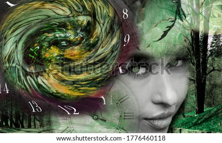 Artistic portrait of a woman and numbers, numerology
