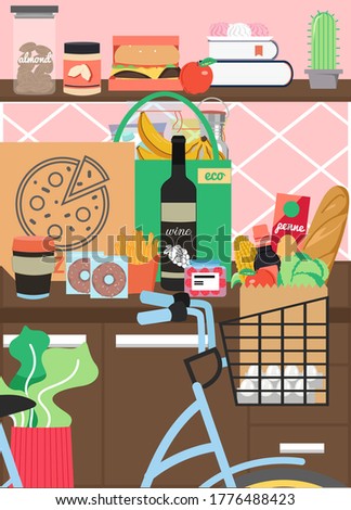 Kitchen interior with furniture and foodstuff for bike home food delivery theme poster, vector flat illustration. Kitchen room with wine pizza box, fast food on counter, delivery bike with grocery bag