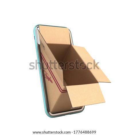 fast delivery concept empty oprn box peep out of the screen of a mobile phone 3d render on white no shadow