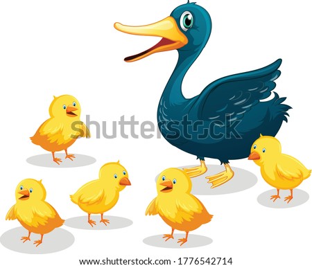Five ducklings and mother cartoon vector art and illustration