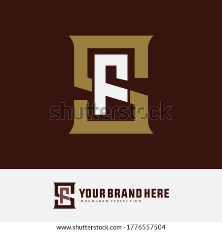 Initial letter F, S, FS or SF overlapping, interlock, monogram logo, white and gold color on brown background