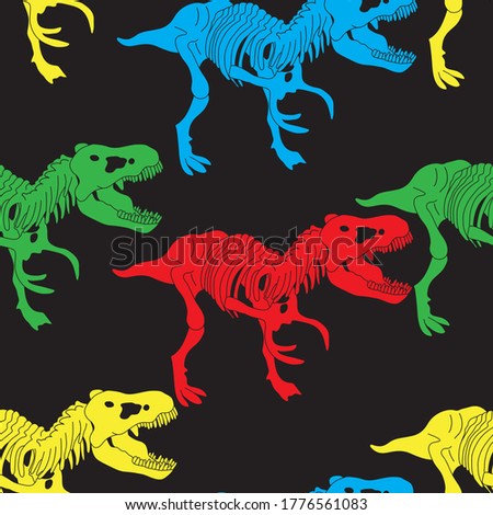 Seamless color pattern with tyrannosaurus dinosaur skeleton silhouette in isolated on white background. Vector illustration
