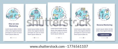 Types of mentoring onboarding mobile app page screen with concepts. Group and peer to peer teaching walkthrough 5 steps graphic instructions. UI vector template with RGB color illustrations Royalty-Free Stock Photo #1776561107