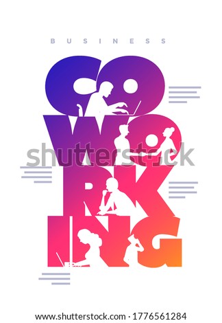 Co-working business concept poster design template. Working silhouette people using laptops and shaking hands in the colorful 'Co-working' word. Vector illustration. Royalty-Free Stock Photo #1776561284