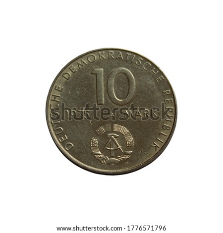 DDR money, 10 Mark commemorative coin 1975. East German coin on white background with clipping path