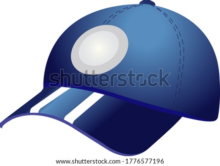 Blue baseball cap with white stripes on a white background.