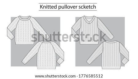 Knitted pullover with v-neck and round-neck with braids technical scketch Royalty-Free Stock Photo #1776585512