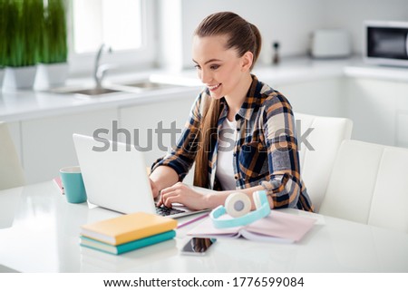 Profile photo of young pretty lady student browsing notebook sitting table desktop video call listen lesson online webinar conference education concept social distance quarantine indoors