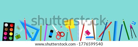 Back to school horizontal seamless border pattern banner with school supplies, compasses, colored crayons, erasers, scissors, paper clips, sharpeners, ruler, push pin, watercolor box, pen, post it, 
