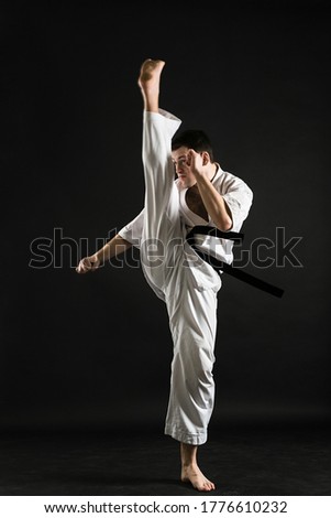 A karateka strikes or stands in a stance. Martial arts. Shidokan karate. Fighter in the studio. Kimono guy on a black background. Punch. Kick. World Karate Association the Shidokan. Black belt karate. Royalty-Free Stock Photo #1776610232