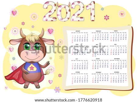 White ox calendar for 2021 with kawaii cartoon bull or cow, New Year character, cute characters. Week Starts Sunday