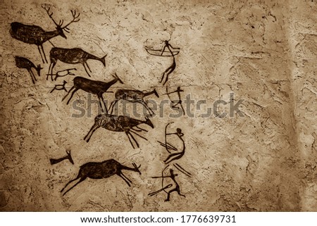 Cave art seamless pattern made of ancient wild animals, horses and hunters. Rock paintings. Hunting scenes. palaeolithic Petroglyphs carved in rocks.  Stones with petroglyphs. people get food Royalty-Free Stock Photo #1776639731