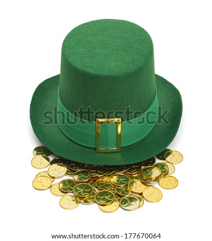 Green St. Patrick's Day Felt Top Hat With Gold Buckle and Gold Coins Isolated on White Background.