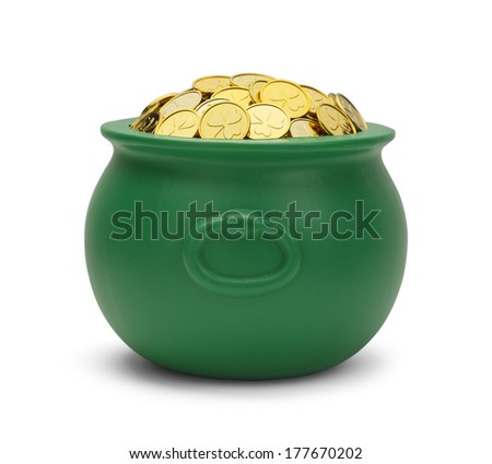 Large Green Pot with Colver Gold Coins Isolated on White Background.