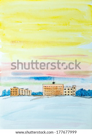 Mountain landscape with snow and houses painted by watercolor.