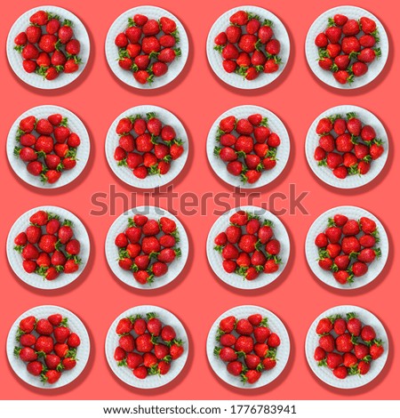 Strawberry  pattern, flatlay design of red ripe berries on white plates with top view