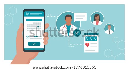 Book your doctor online: patient booking his appointment with a doctor using a mobile app, healthcare and technology concept Royalty-Free Stock Photo #1776815561