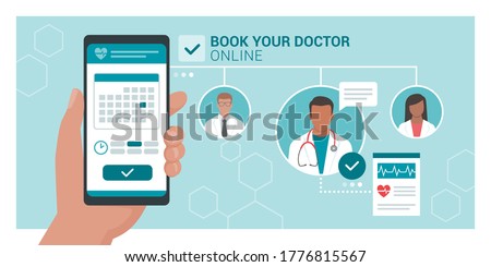 Book your doctor online: patient booking his appointment with a doctor using a mobile app, healthcare and technology concept Royalty-Free Stock Photo #1776815567