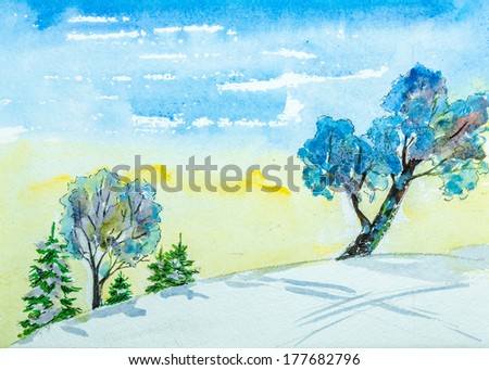 Mountain landscape with snow and trees painted by watercolor.