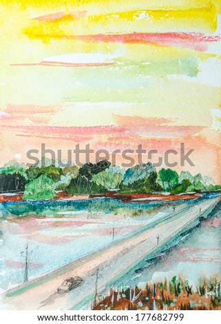 Urban landscape with road and trees painted by watercolor.